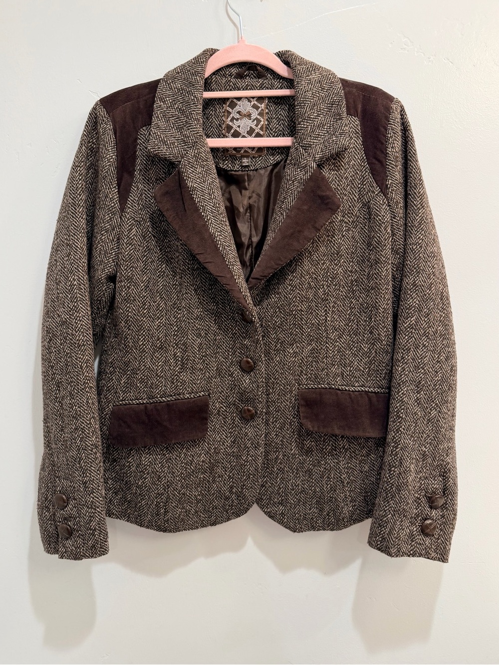 Y2K Vintage Dollhouse Herringbone Tweed Velvet Trim Riding Blazer Jacket L Brown - Picture 2 of 12